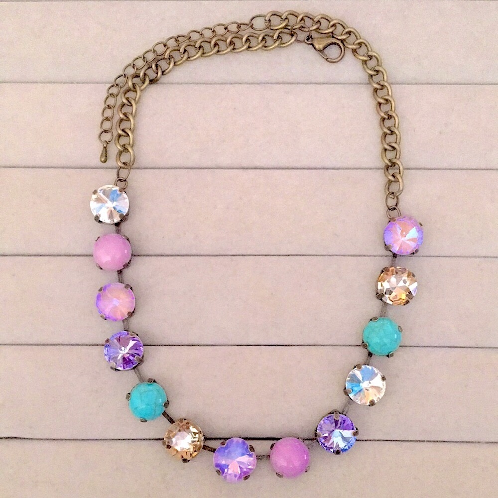Turquoise, Lilac Purple Opal AB + Champagne Topaz Antique Brass Crystal Necklace - Picture 10 of 14